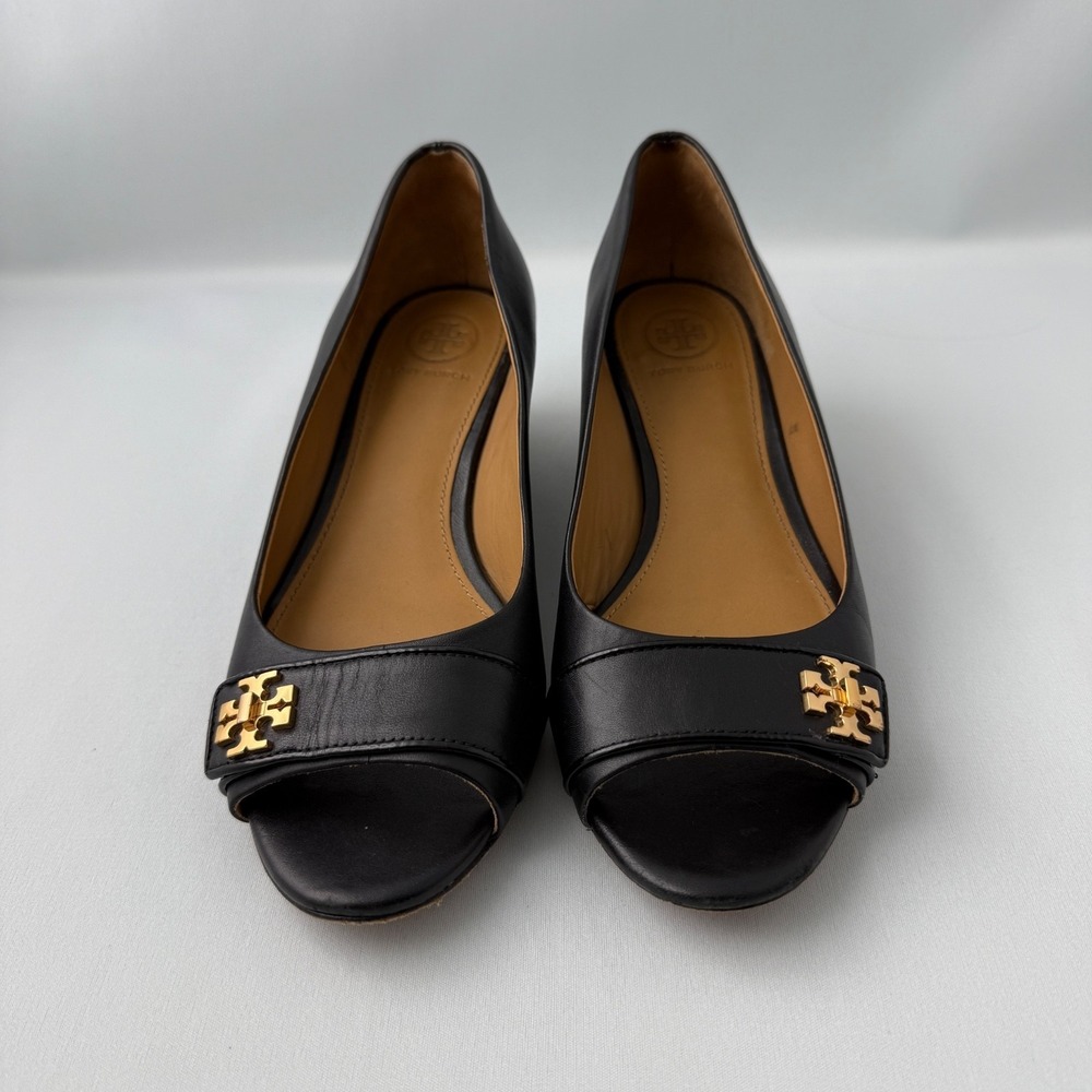Tory Burch Peep Toe Flats Leather Black 6.5M Ballet Slip On Leather Sole